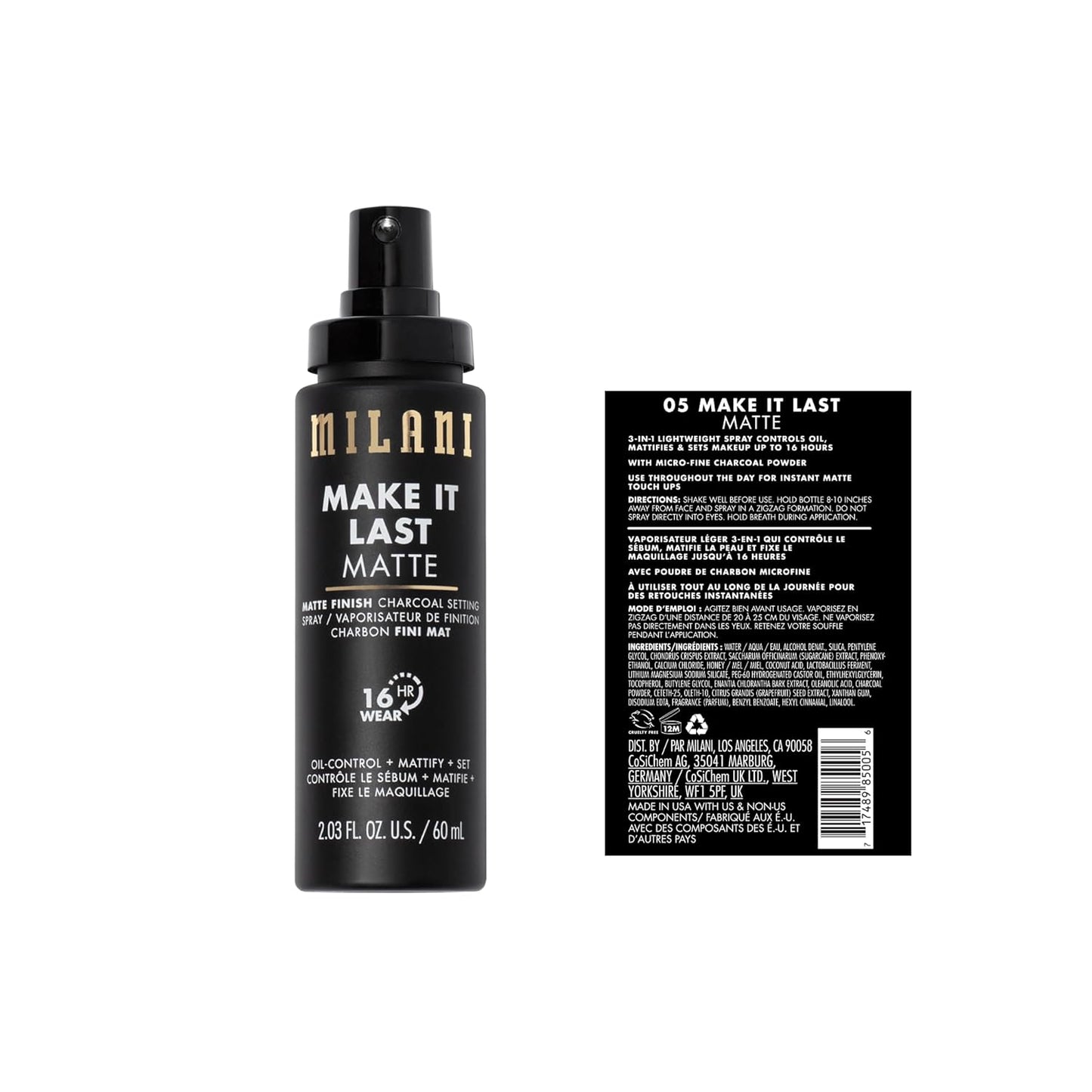 Milani Setting Spray + Primer, Make It Last Matte- Oil Absorbing Charcoal Formula to Control Shine, Matte Finish Setting Spray for Makeup and Primer for Oily Skin, Prime +Correct + Set, 2.03 Fl. Oz