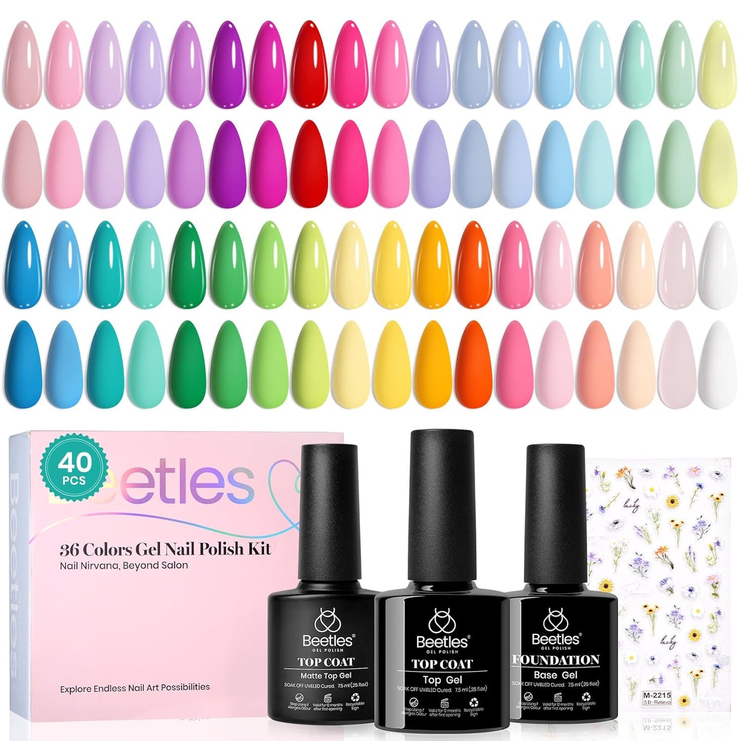 beetles Gel Nail Polish Set - 40 Pcs 36 Colors Nail Polish Kit Pink Red Green Blue Color Gel with Base&Glossy Matte Top Coat UV LED Petal Symphony Collection Nail Art Halloween Gifts for Women