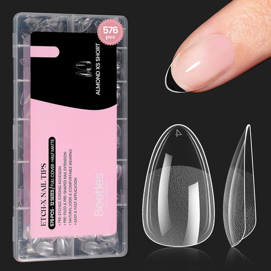 Beetles Gel Nail Tips 576Pcs Extra Short Almond Fake Nails Etch-X Half Matte Press on Nail Tips Full Cover Gifts for Women Gel Nail Polish Extensions Set