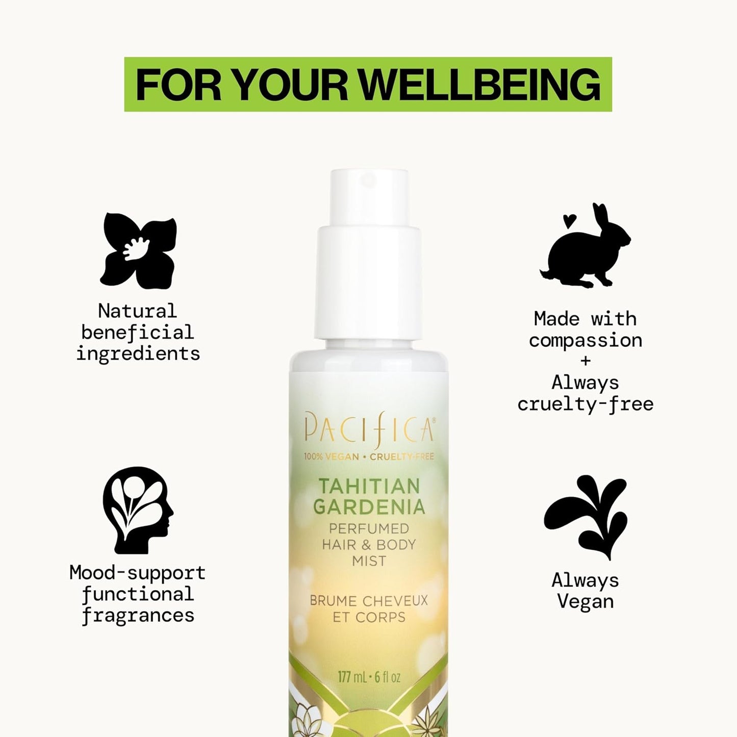 Pacifica Tahitian Gardenia Perfumed Hair & Body Mist, Alcohol-Free Spray Designed For Head-To-Toe Wear, Vegan & Cruelty-Free, 6 Fl Oz