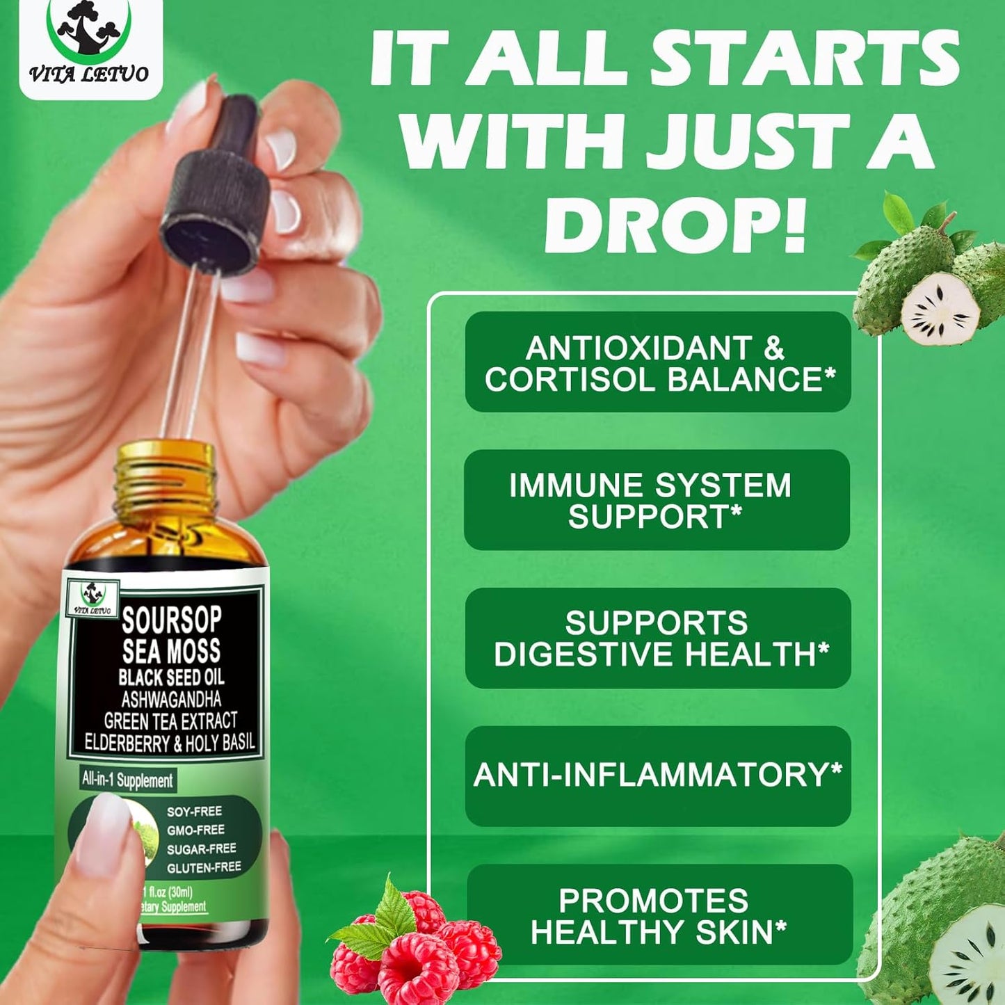 Soursop Drops,Soursop Bitters Liquid with Sea Moss Black Seed Oil Green Tea Extract Ashwagandha Elderberry Holy Basil-Multimineral&Vitamins Superfood Drops for Immune&Digestive & Cell Support