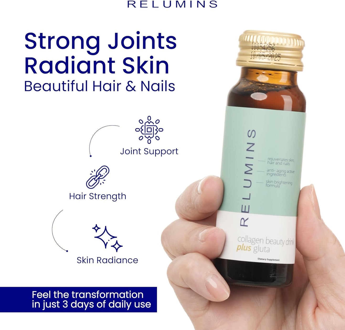 Relumins Advanced Collagen Beauty Drink with Glutathione, Hyaluronic Acid & Antioxidants - Post-Summer Skin Recovery & Shots for Radiant Skin, Hair & Nails - Apple Flavor - 10 Bottles x 50mL