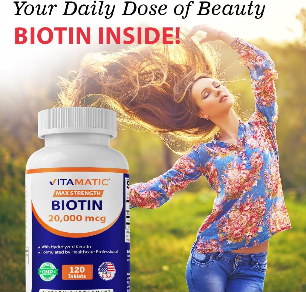 Vitamatic High Potency Biotin 20000 mcg (20mg) with Keratin 100mg - 120 Vegetarian Tablets - Biotin Supplements for Healthy Hair Skin & Nails for Adults (120 Count (Pack of 2))