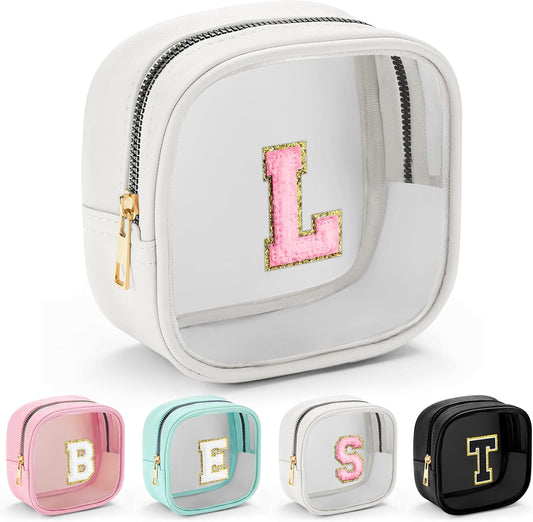 YOOLIFE Initial Make Up Bag Travel Toiletry Bag, Clear Makeup Bag Preppy Cosmetic Bags Organizer Travel Essentials Gifts for Women Teen Girlfriend Teacher Mom Birthday Mothers Day Gifts White L