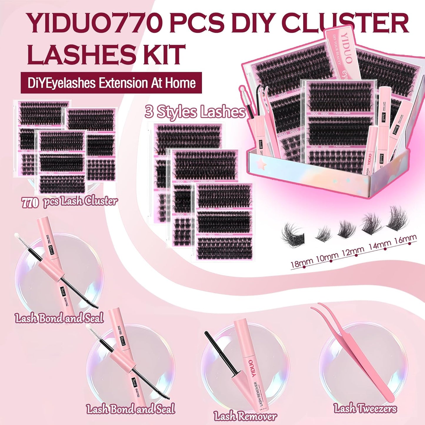 Volume Lashes Clusters Lash Kit Gift Packs 770Pcs with 2X Bond&Seal 5 style Mixed C-Curl False Eyelashes Extensions Faux Mink Individual Lash Wholesale Pack DIY Individual Fake Eyelashes Box