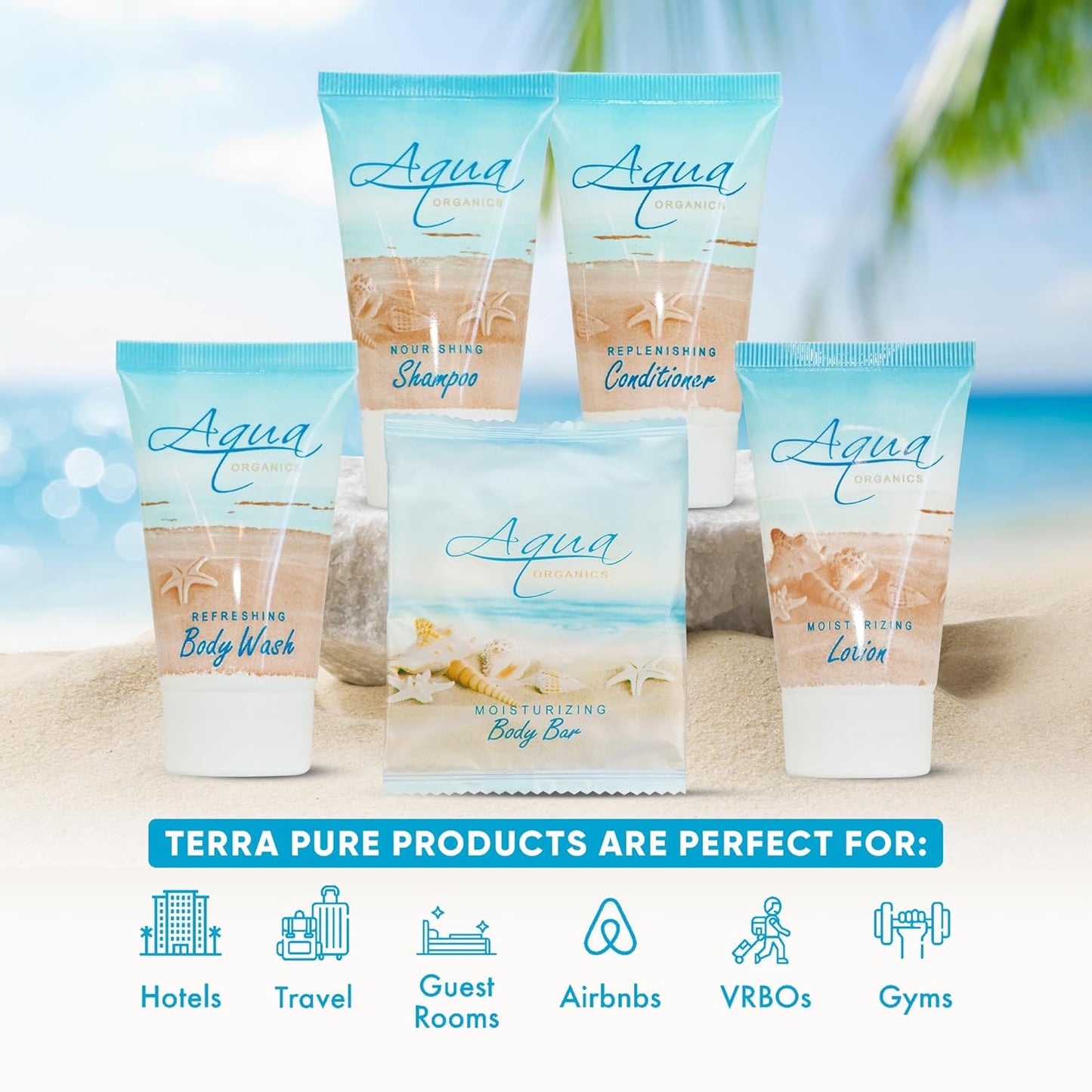 | Aqua Organics Hotel Soaps and Toiletries Bulk Set | Amenities for Hotels & Airbnb | 1oz Hotel Shampoo & Conditioner, Body Wash, Body Lotion & 1oz Bar Soap Travel Size | 5 Pieces