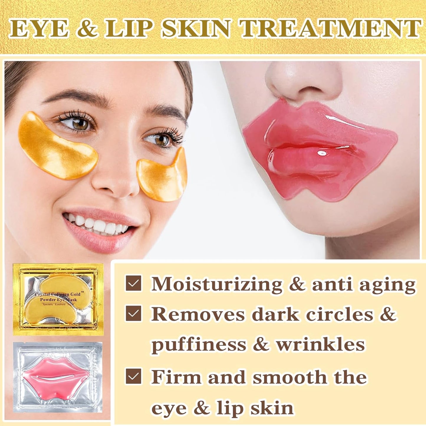 30PCS Lip Mask & Under Eye Mask, 24K Under Eye Patches for Puffy Eyes, Pink Lip Masks Skincare, Effectively Moisturizing the Lip & Eye Skin, Reducing Fine Lines & Dark Circle