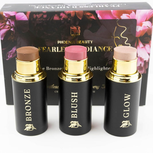 Cream Contour Stick Set – Blush, Bronzer & Highlighter Trio | Hydrating, Buildable, High-Pigment Makeup with Shea Butter & Vitamin E | Phoenix Beauty Gift Set (Enchanted)