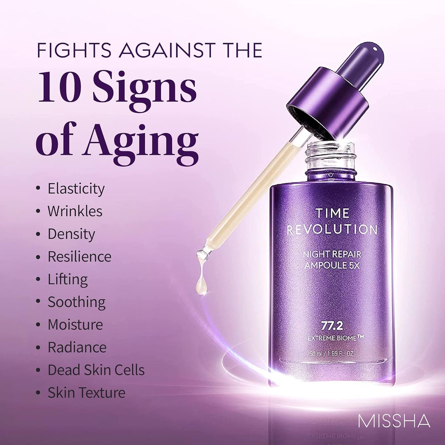 MISSHA Time Revolution Night Repair Face Serum Ampoule (5th Gen) - Overnight Probiotic Skincare for Revitalization and Radiance, 1.69 Fl Oz