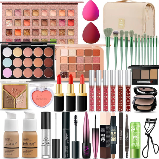 All in One Makeup Kit for Women Full Kit, Professional Travel Makeup Kit for Women & Teens, Foundation Eyeshadow Lipstick Brow Pencil Eyeliner Contour Powder, Complete Make Up Gift Set for Beginners