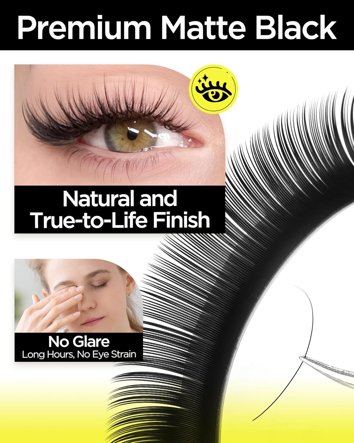 BEYELIAN Eyelash Extension 0.05 D Curl 15mm Tray Easy Fan Lash Extensions Volume Lashes 100°/212°F High Temperature Resistant Classic Professional Use Natural Matte Black (0.05 D 15mm)