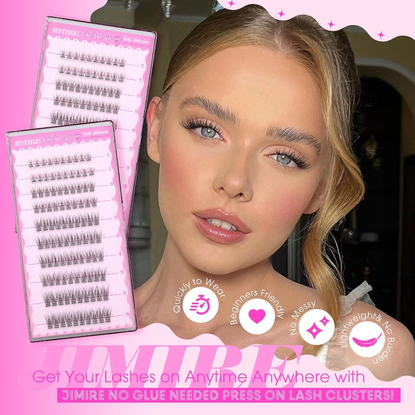 JIMIRE Self Adhesive Eyelashes Natural Look 9-14MM Wispy Pre Glued Lash Clusters No Glue Needed Press on Lashes Clusters Reusable Self Adhesive Eyelash Clusters Easy to Apply