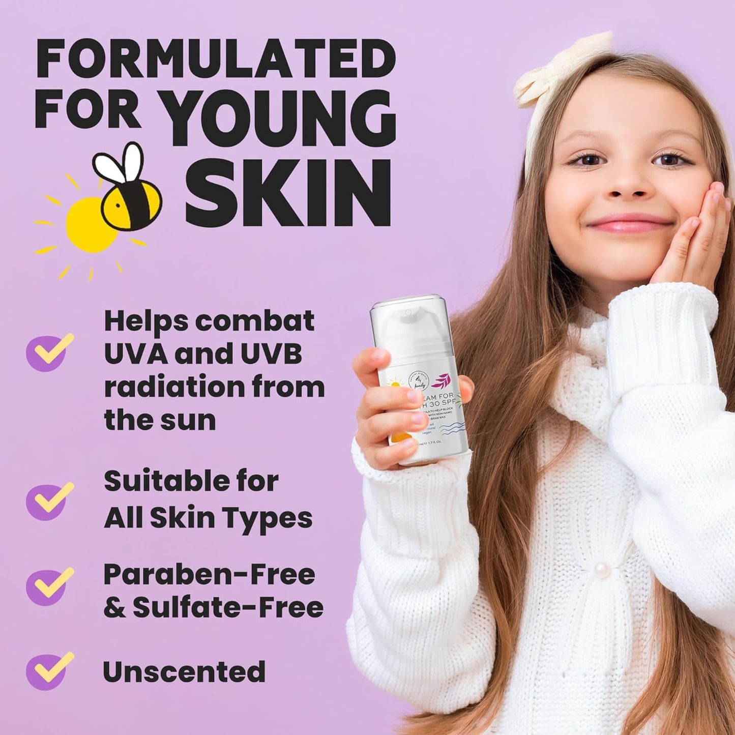 Kid Face Sunscreen Moisturizer with SPF – SPF 30 Mineral Face Sunscreen – Lightweight, Non-Greasy, Reef-Safe with Zinc Oxide & Niacinamide – Broad-Spectrum UV Protection – Daily Moisturizer for Kids