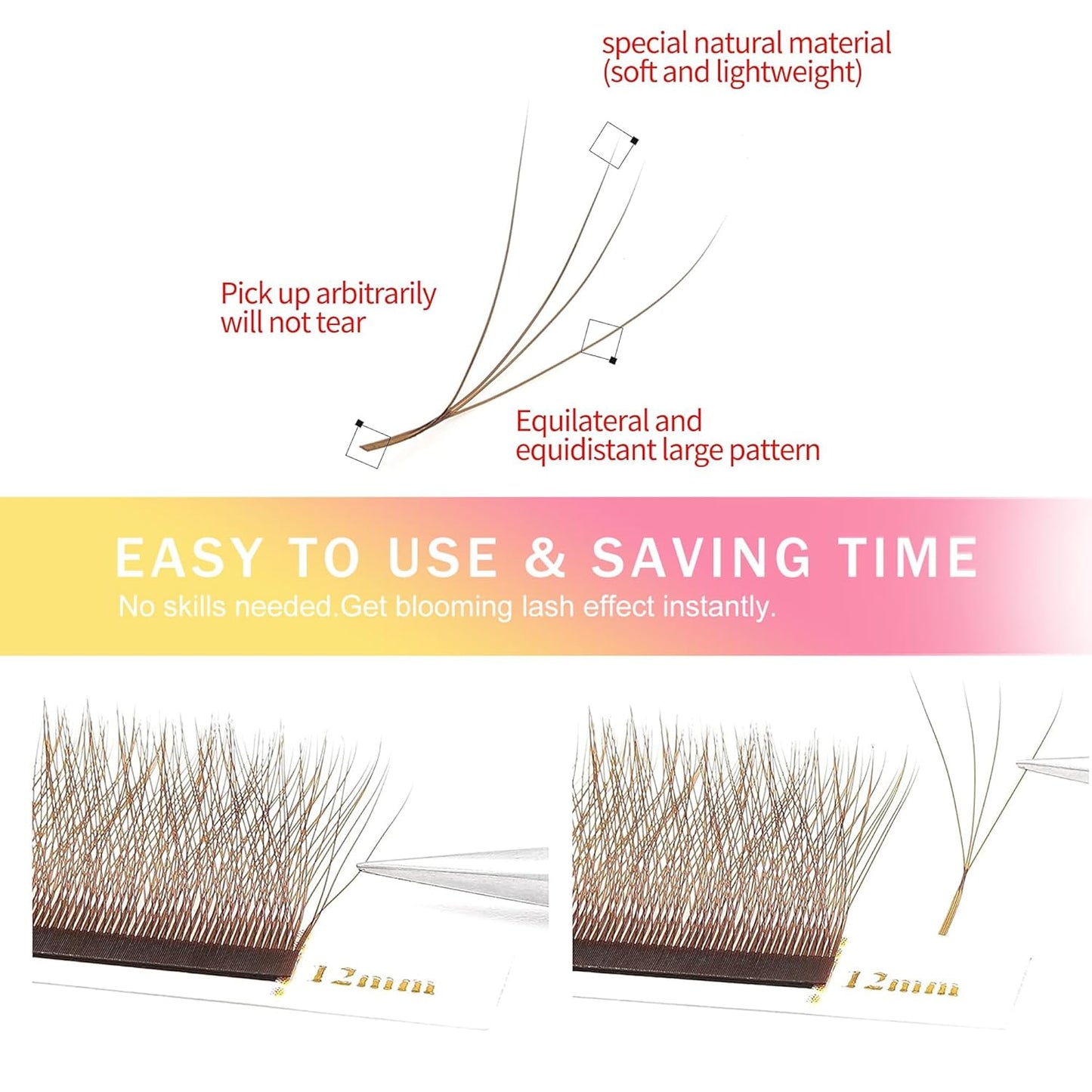 Lash Extensions W Brown 4D Eyelash Extensions W Shape 0.07mm Thickness D Curl 13mm Premade Fans Lashes Easy Fan Volume Lashes Individual Lashes(W-Brown-4D-0.07-D,13mm)