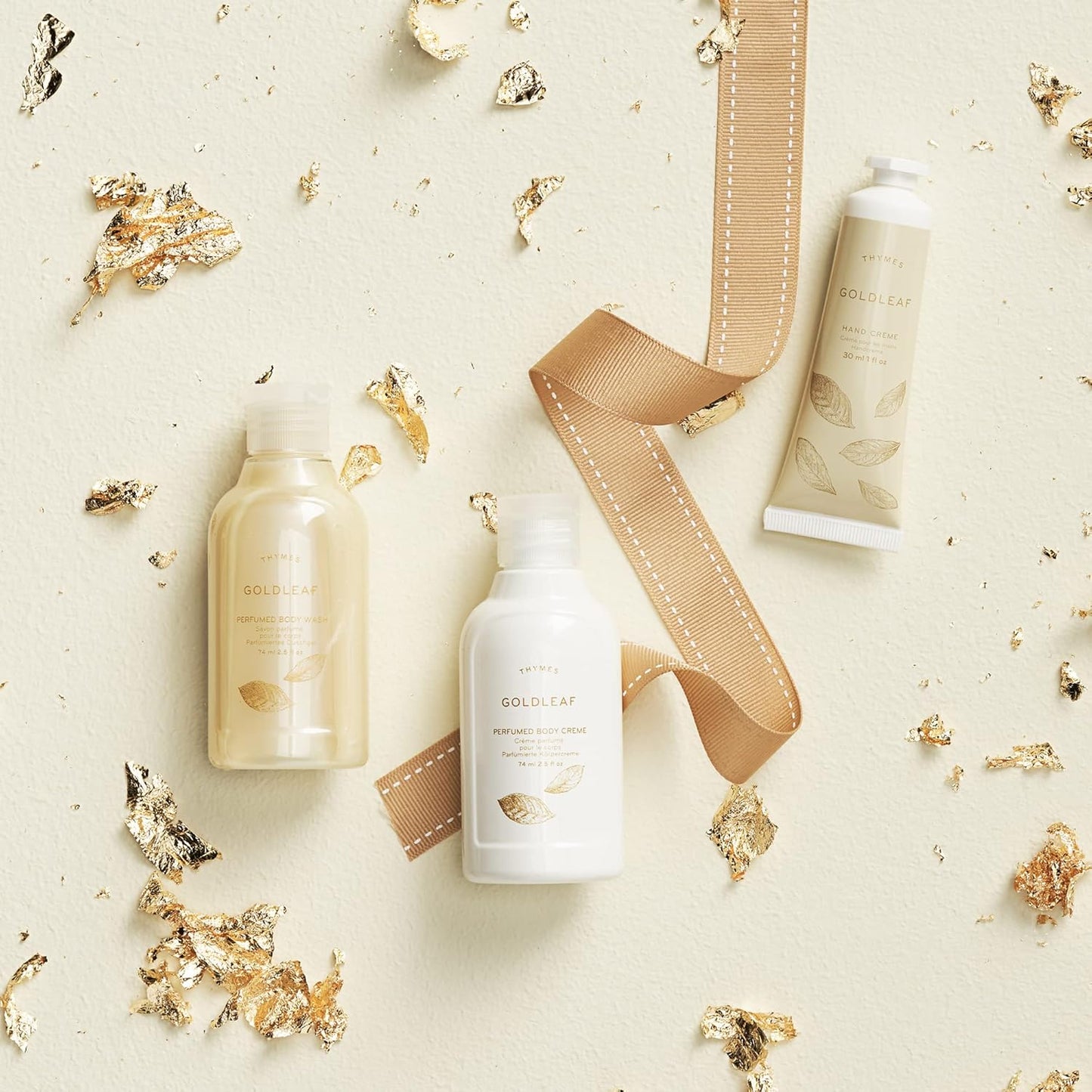 Thymes Perfumed Travel Set and Beauty Bag - Contains Body Wash, Body Lotion & Hand Cream - Goldleaf