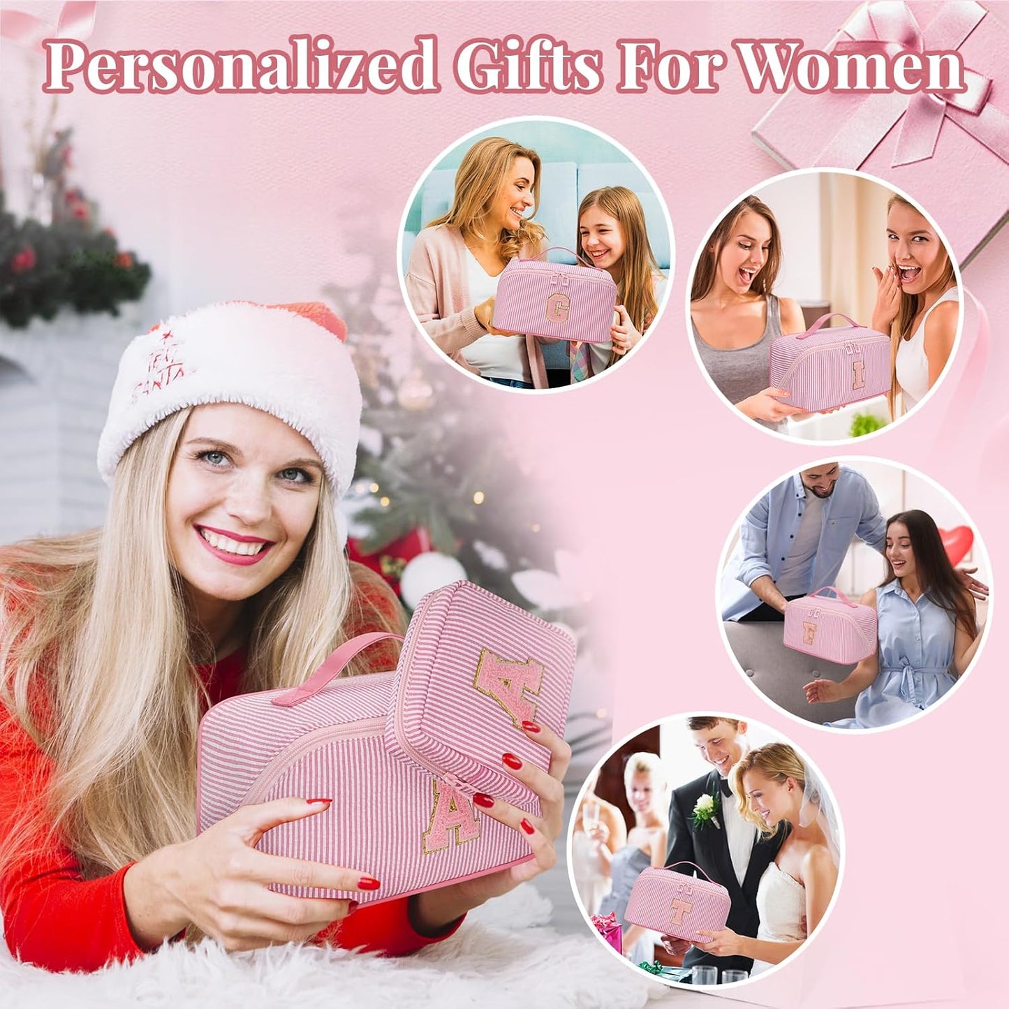 Travel Makeup Bag for Women, 2Pcs Portable Personalized Initial Makeup Organizer Bag, Open Flat Large Cosmetic Bag With Travel Essential Pouch (Pink Letter B)