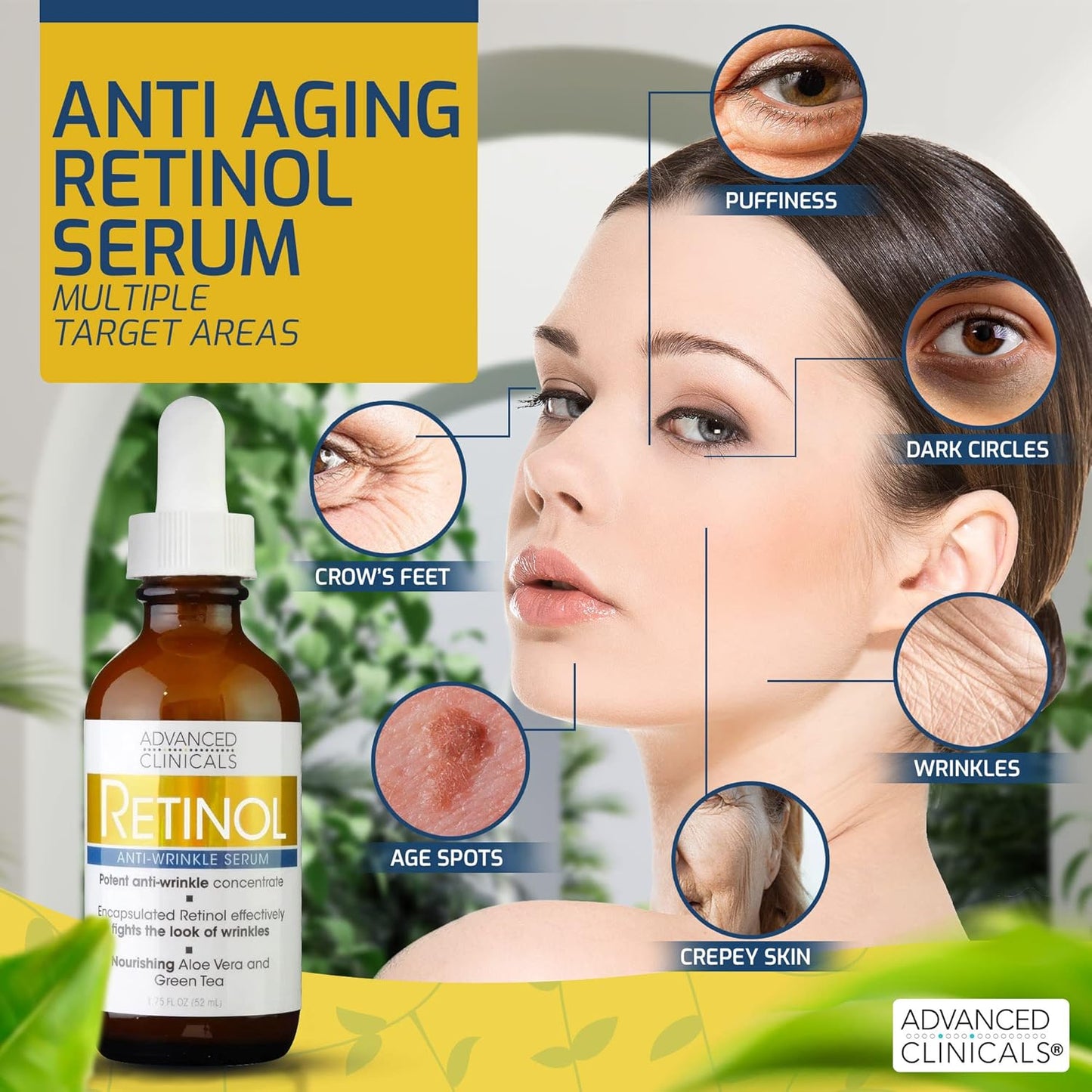 Advanced Clinicals Retinol Facial Serum Moisturizer Skin Care For Face, Anti Aging Retinol Concentrate Reduces Appearance Of Wrinkles & Fine Lines W/Aloe Vera & Green Tea, 1.75 Fl Oz (Pack of 2)
