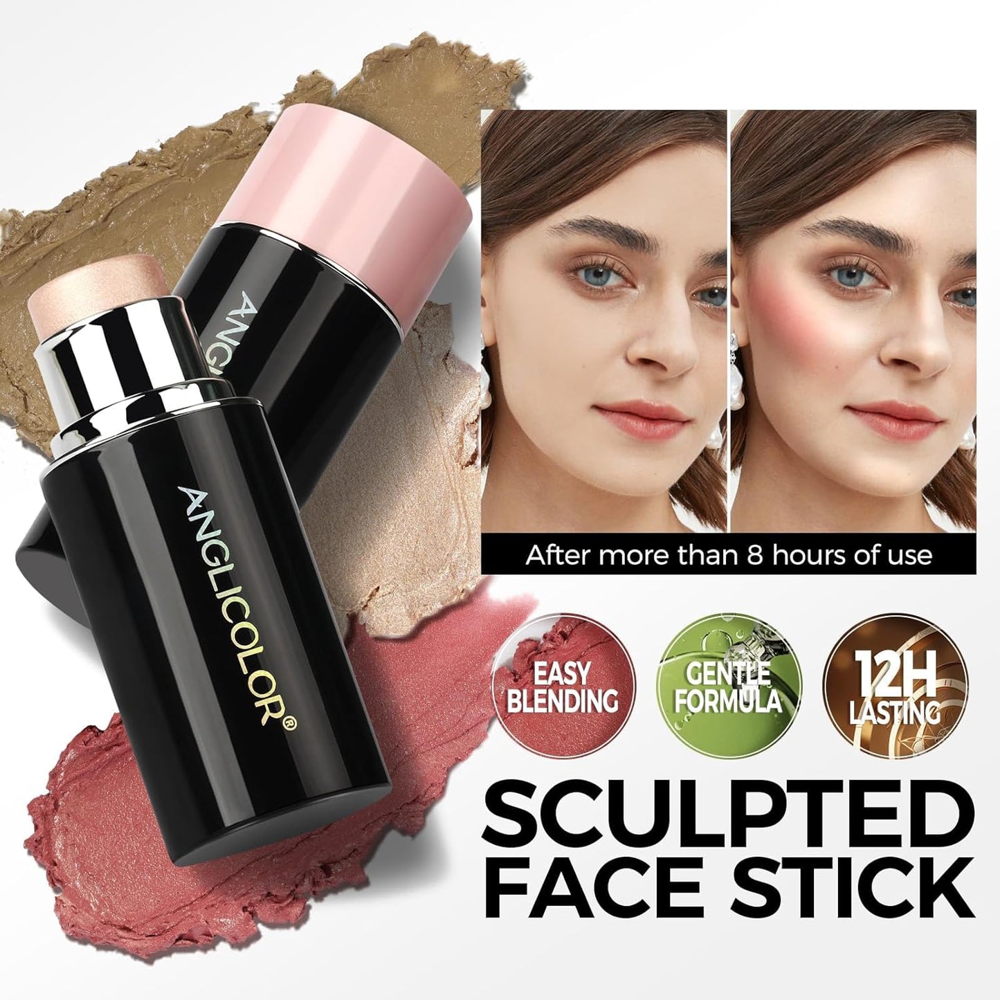3PC Anglicolor Highlighter Long Lasting,Contour Stick Makeup Naturally,Blush Makeup Smoothing,High Color Rendering,Easy To Mix,Vegan & Cruelty-Fre