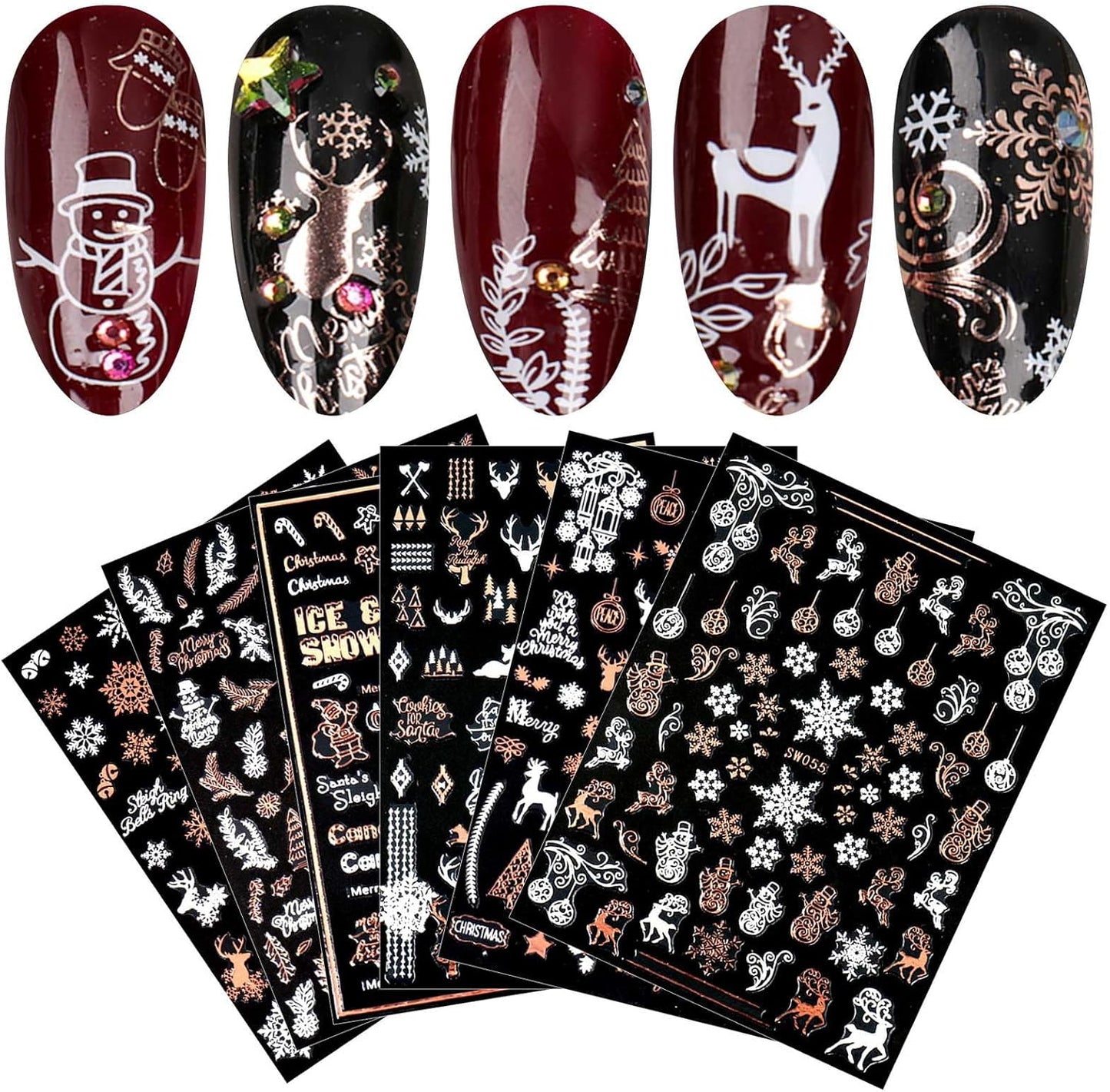 9 Sheets Christmas Nail Art Stickers Decals Self-Adhesive Pegatinas Uñas Rose Gold Snowflake Tree Winter Nail Supplies Nail Art Design Decoration Accessories