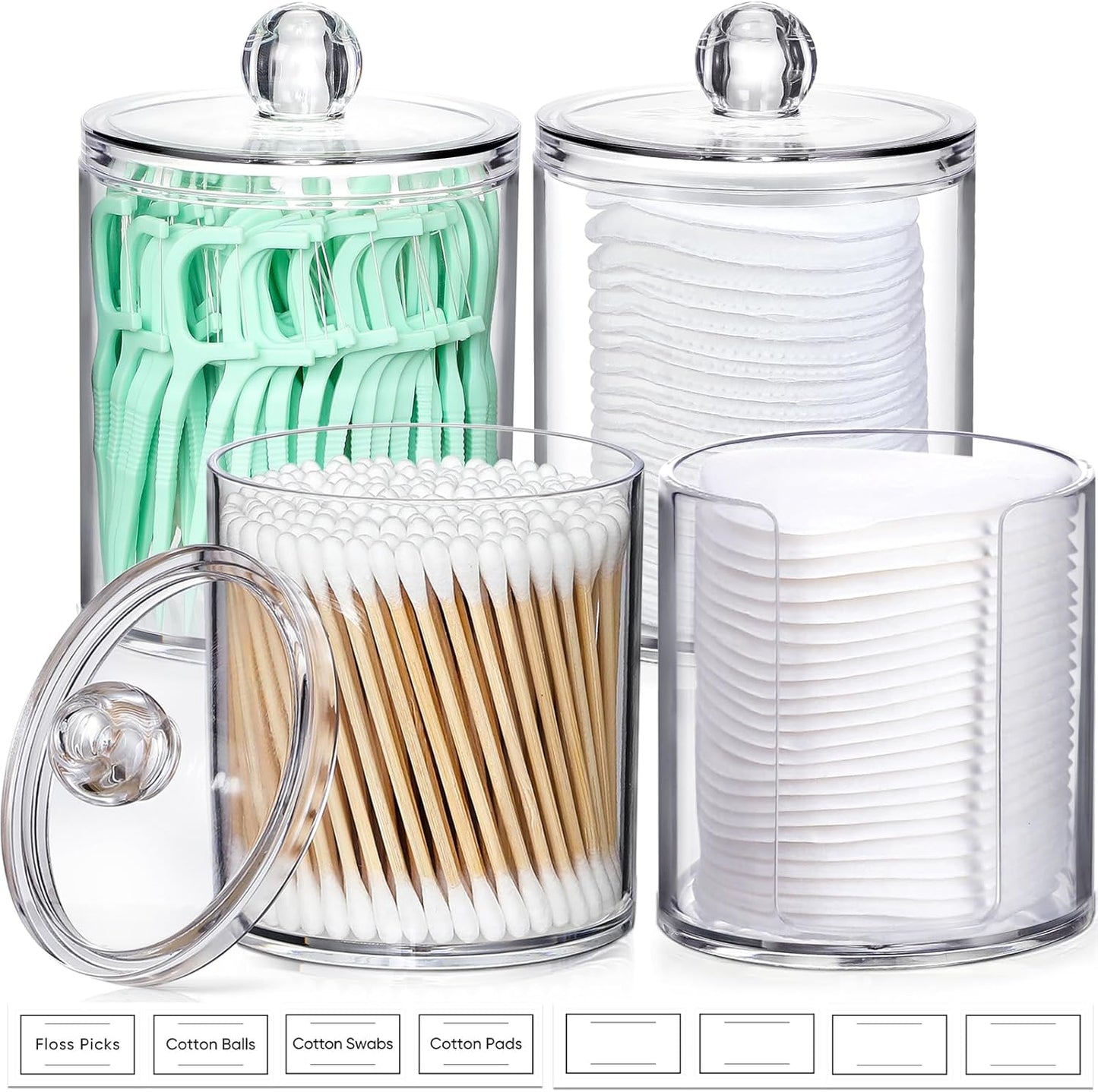 AOZITA 4 Pcs, Acrylic Qtip Holder Dispenser for Cotton Swab, Ball, Round Pads, Floss Picks - Clear Plastic Apothecary Jar Set for Bathroom Canister Storage Organization, Vanity Makeup Organizer