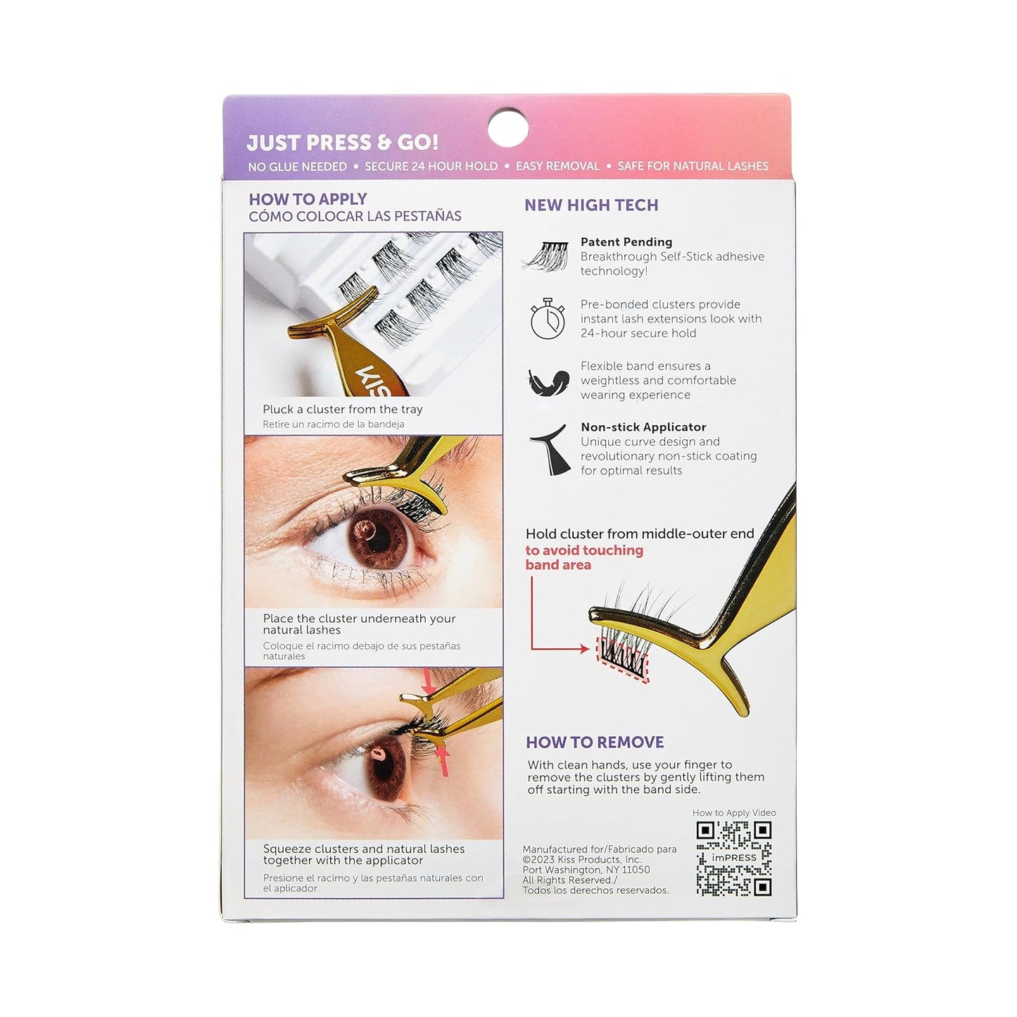 KISS imPRESS Falsies Press On Self Adhesive Eyelashes, 12mm-14mm Natural Volume Press On Lashes, Black, No Glue Needed, Invisible Band, 20 Lash Clusters & Non-Stick Applicator - Natural