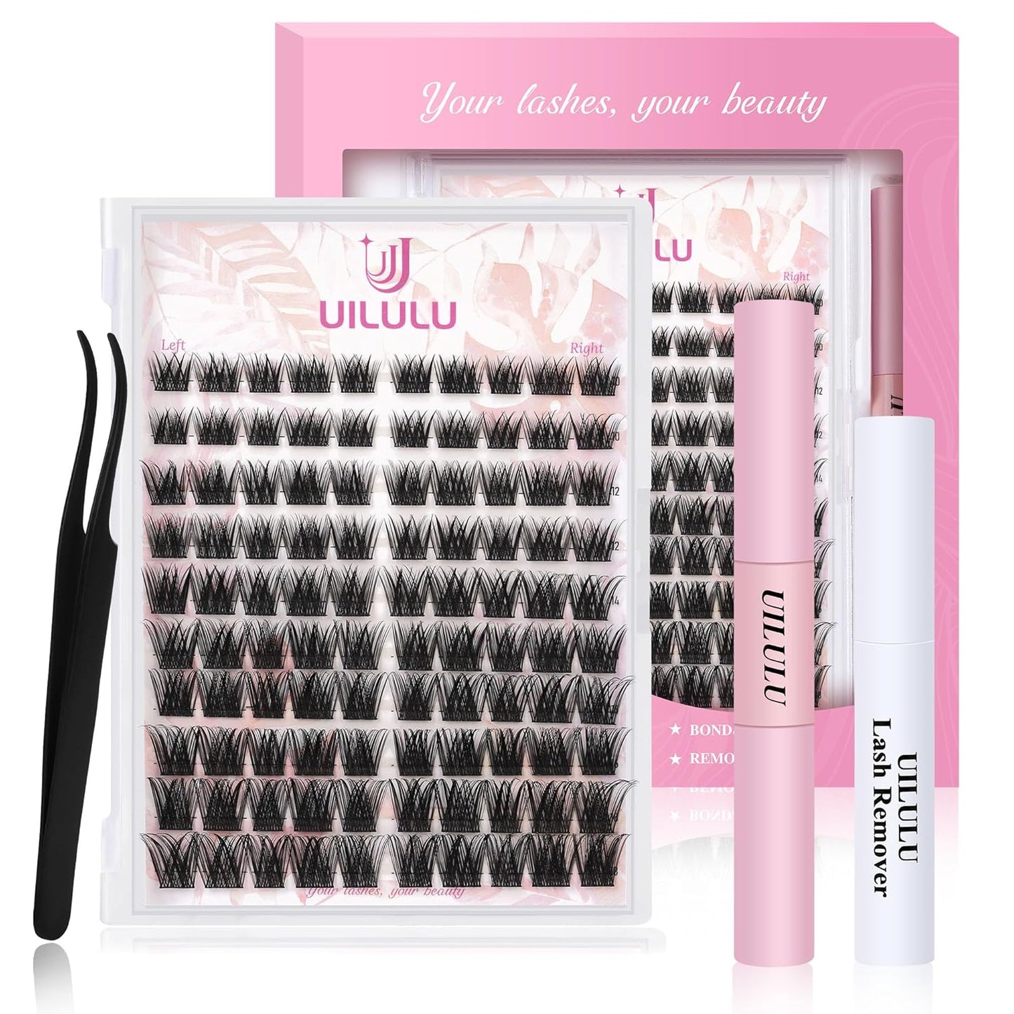 Lash Clusters Kit 10-18mm D Curl Clusters Eyelash Extensions Kit False Eyelash Clusters, DIY Lash Extension Kit with Lash Bond & Seal, Lash Glue Remover, Lash Tweezers U17 Kit