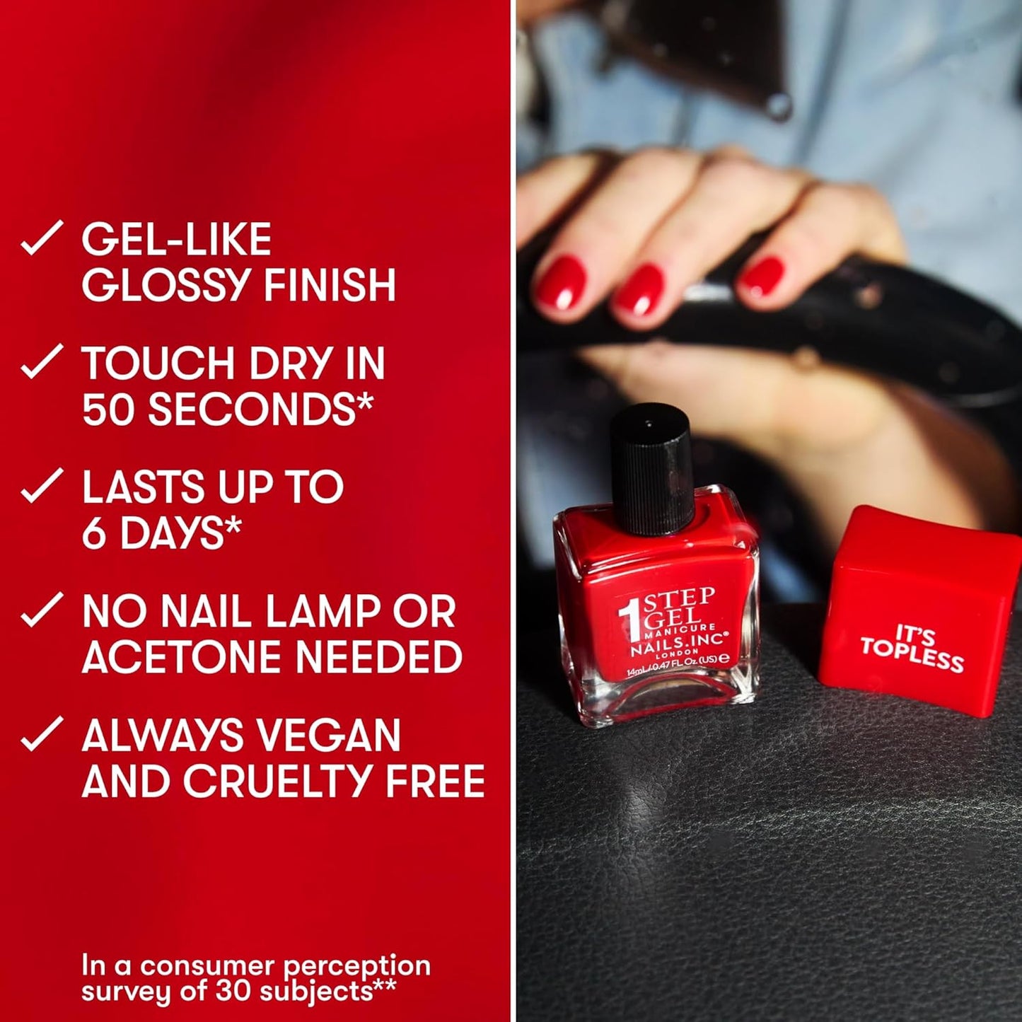Nails Inc It's Topless Gel-Like Nail Polish, 4-in-1 Base Coat, Treatment, Color & Top Coat, Long Lasting, Strong, Chip Free Nails, Glossy Salon Quality Manicure, Air Dry Nail Polish, Megan, 0.47 Fl Oz