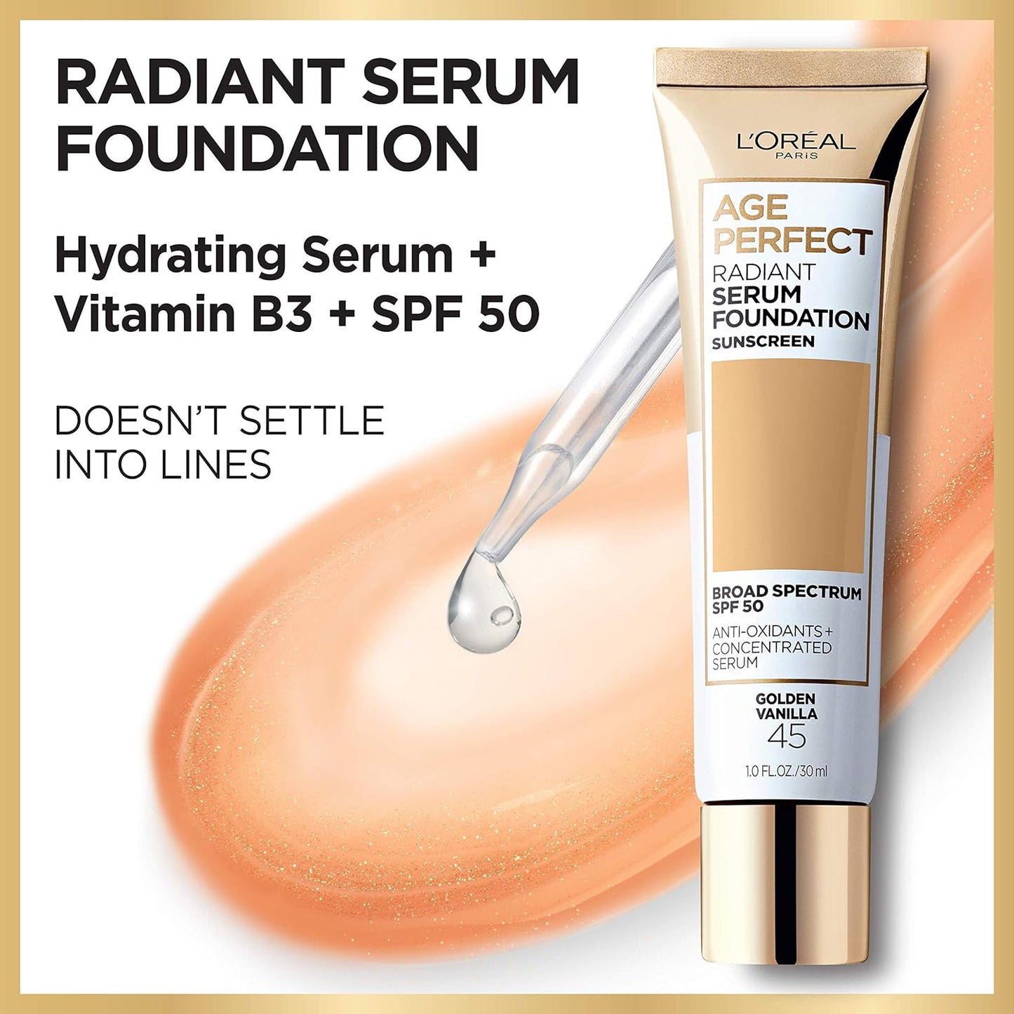 L'Oreal Paris Age Perfect Radiant Serum Foundation with SPF 50, Hazelnut, 1 Ounce