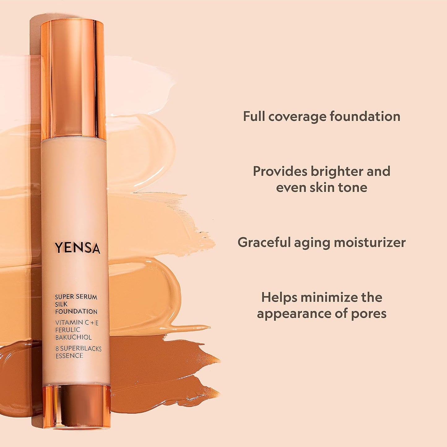 YENSA Super Silk Foundation - Full Coverage, Age-defying complex of Vitamin C, E, Ferulic, and Bakuchiol Oil (Medium 1) 1.0 fl oz