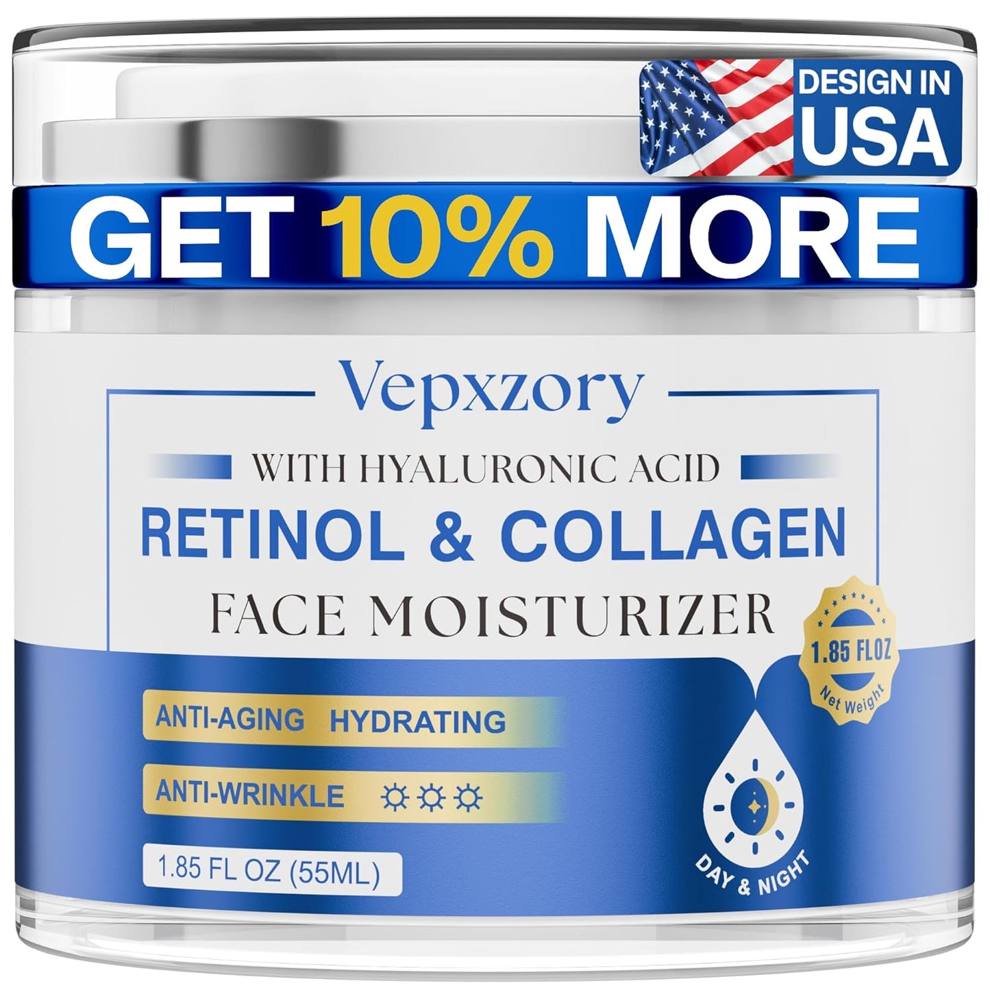 Face Moisturizer Retinol Cream For Face, Collagen Anti Aging Face Cream, Day-Night Neck Cream With Hyaluronic Acid, Wrinkle Cream For Women & Men Reduces Wrinkles, Dryness, 1.85 Fl. Oz
