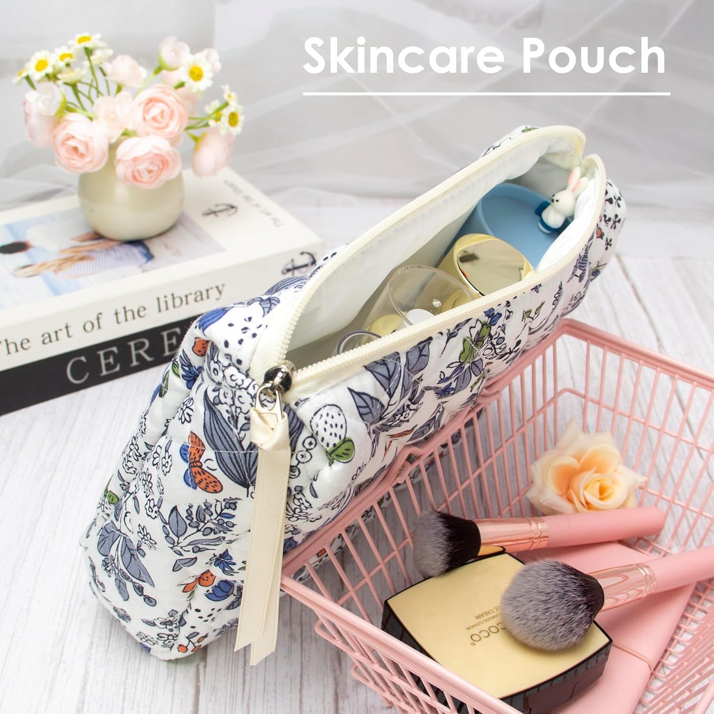PAZIMIIK Quilted Makeup Bag Large Travel Zipper Soft Cosmetic Pouch for Women Girls Make Up,Leaf White