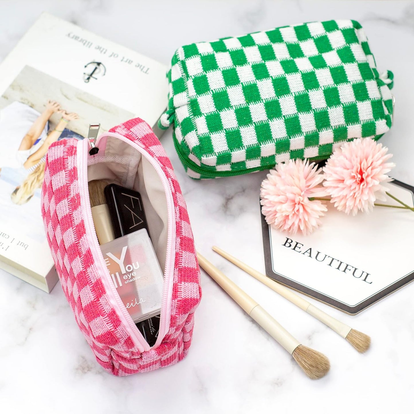 PAZIMIIK Checkered Makeup Bag for Purse Portable Zipper Make Up Pouch Small Cosmetic Case for Travel Accessories (2PCS Hotpink)