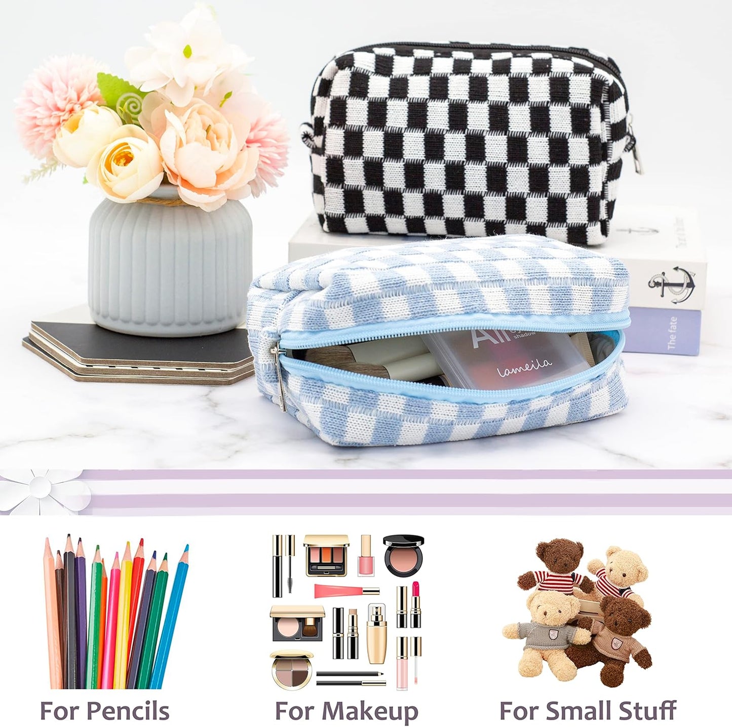 PAZIMIIK Checkered Makeup Bag for Purse Portable Zipper Make Up Pouch Small Cosmetic Case for Travel Accessories (Blue)