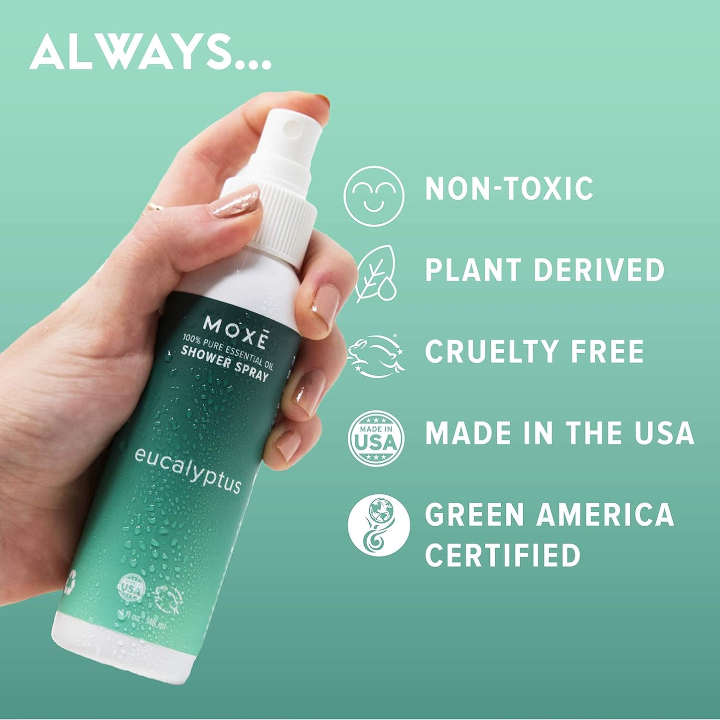 MOXE Eucalyptus Oil Shower Mist, Spa Steam Spray, Certified Natural 100% Essential Oils, Made in USA, Aromatherapy, Sinus Congestion Relief, Tension Relief (4oz)