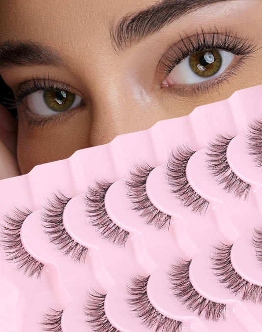 Eyelashes Wispy Lashes Natural Mink Eye Lashes Pack Clear Band Strip Lashes That Look Like Extensions Short False Eyelashes Natural 7 Pairs