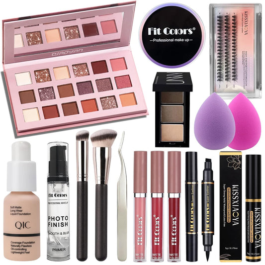 All In One Makeup Essential Starter Kit for Beginners or Pros, 18 Colors Naked Eyeshadow Palette Nude Face Primer, Brush, Sponge, Eyebrow Powder, Winged Eyeliner Stamp (SetA)