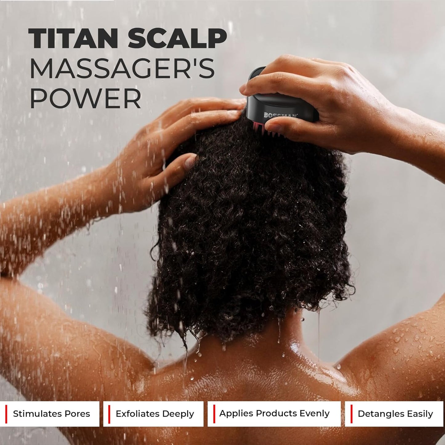 Bossman Titan Shower Scalp Massager – Ergonomic Silicone Scrubber for Product Build-Up, Dandruff & Pore Stimulation – Head & Beard Care Tool with Soft Bristles