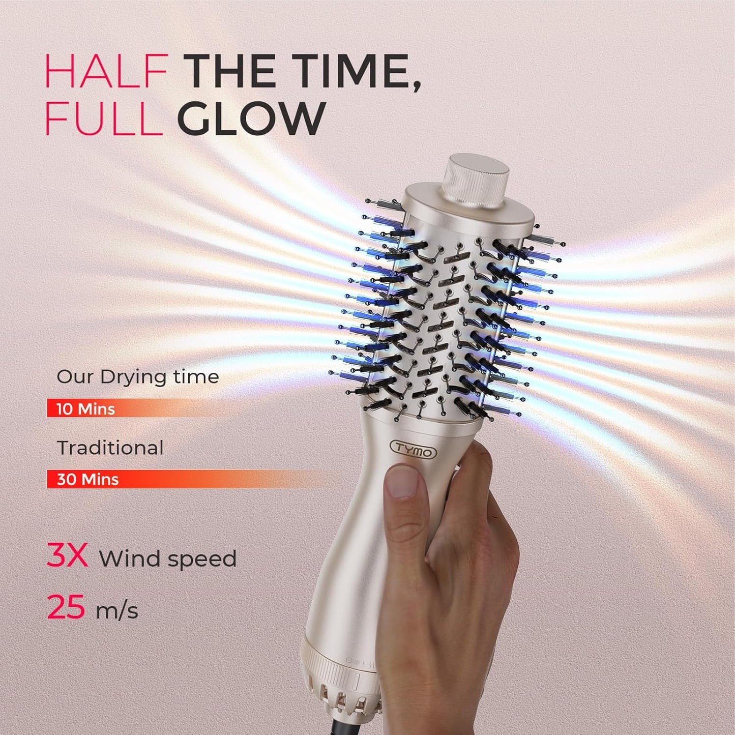 TYMO 2.0 Hair Blow Dryer Brush - Blowout Hot Air Brush, One Step Volumizer, Upgraded 2 Inch Barrel Roller Curling Styler, 3X Faster Drying, 0.6 lb Lightweight, Straightener Curling in One, Gold