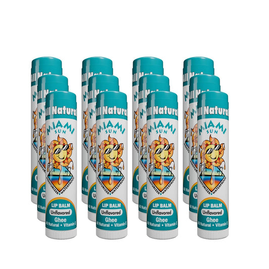 Miami Sun Natural Ghee Lip Balm, Hydrating Lip Treatment with Shea Butter & Beeswax, Organic & Non-Toxic, Best for Dry, Chapped Lips - Moisturizing, Healing, Chemical-Free Lip Care (12 Count, Natural)