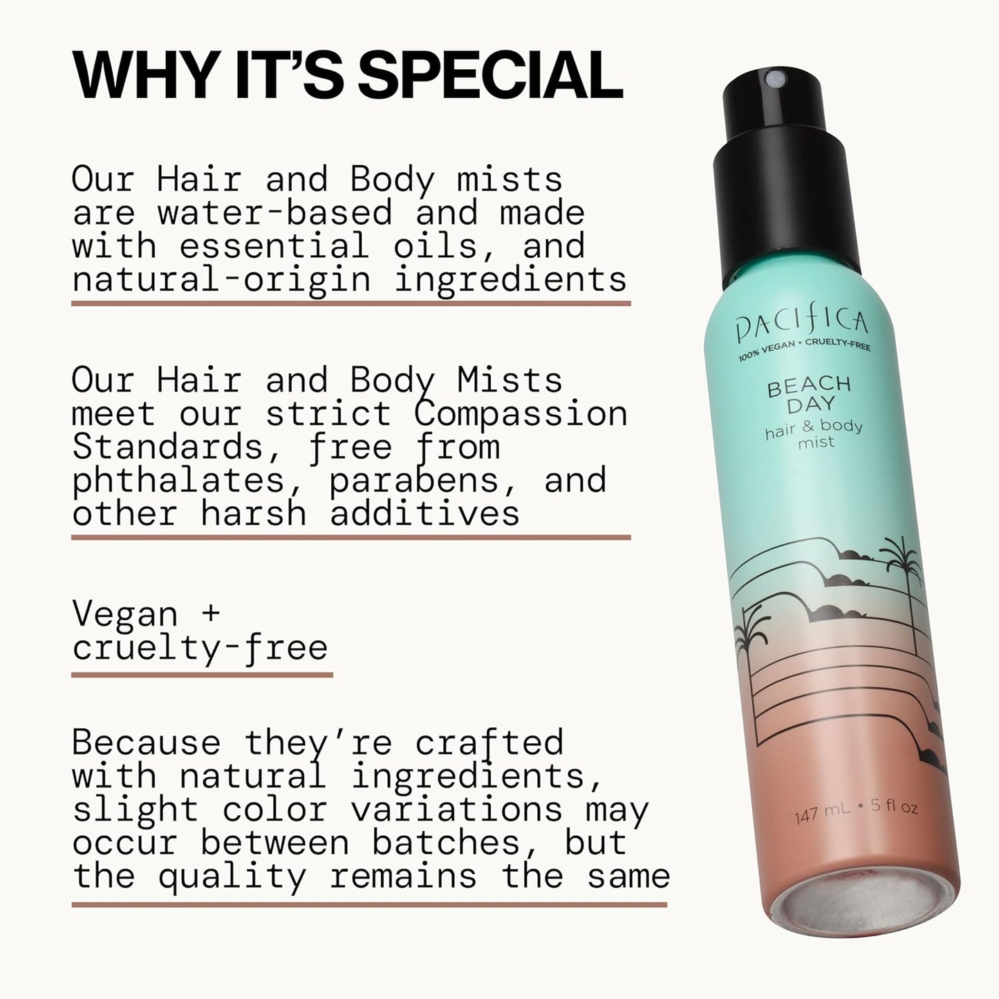 Pacifica Beach Day Hair Mist Perfume & Full Body Spray for Women - Body Mist Fragrance w/Bergamot, Orange Flower, Sandalwood, Amber, Musk & Suede Leather – Clean Beauty Alcohol-Free, Vegan 5 oz