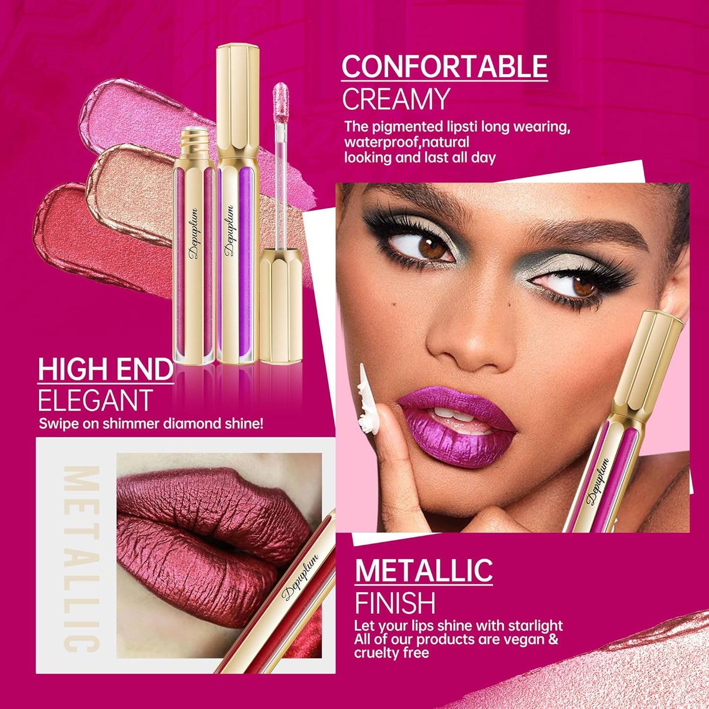 Bronze Lipsticks for Women Metallic Lipstick Long Lasting Non Stick Cup Lip Gloss, Metal Shine Lightweight Hydrating Full Coverage Lip Color, P103 Fantasy