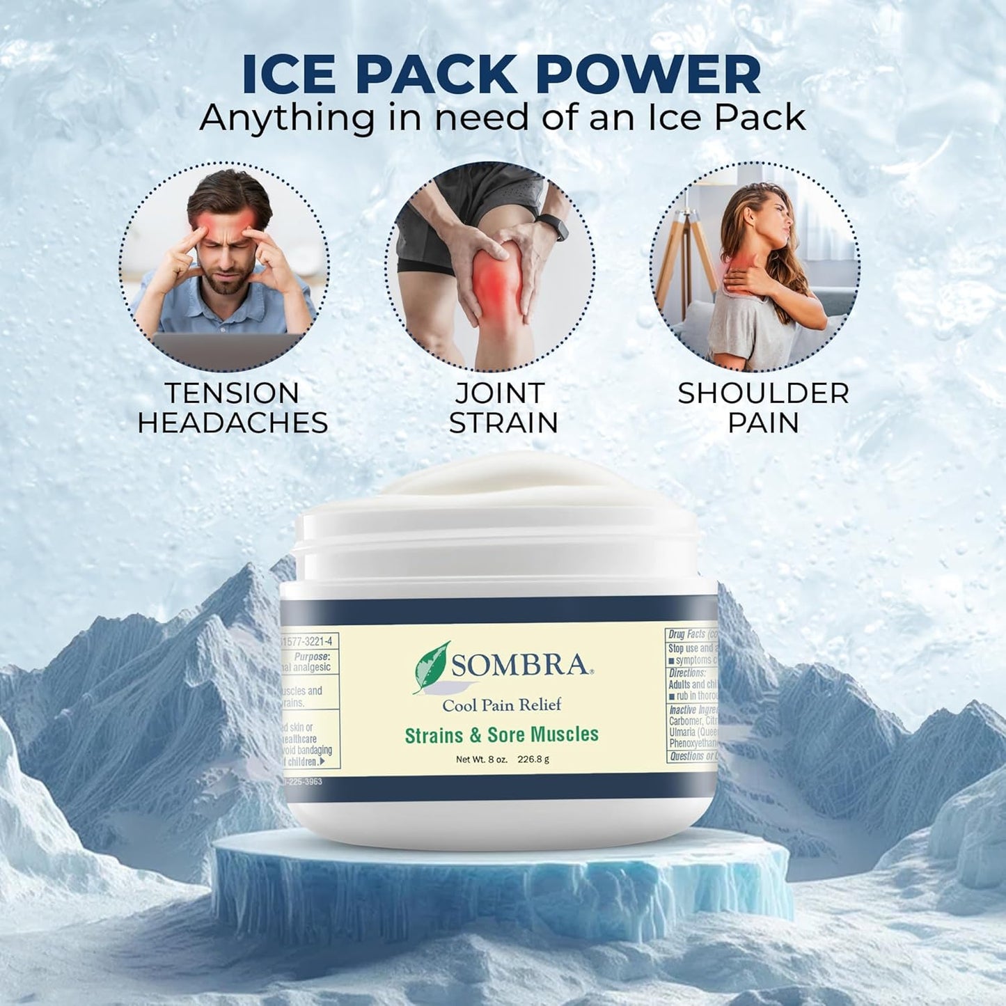 Sombra Original Cool Therapy Gel Cold Pain Relief for Swelling, Growing Pains, Soreness, Post-Workout, Vegan Formula Free of Artificial Fragrances, Dyes, NSAID, Wax, Petroleum, Alcohol - 8oz Per Jar