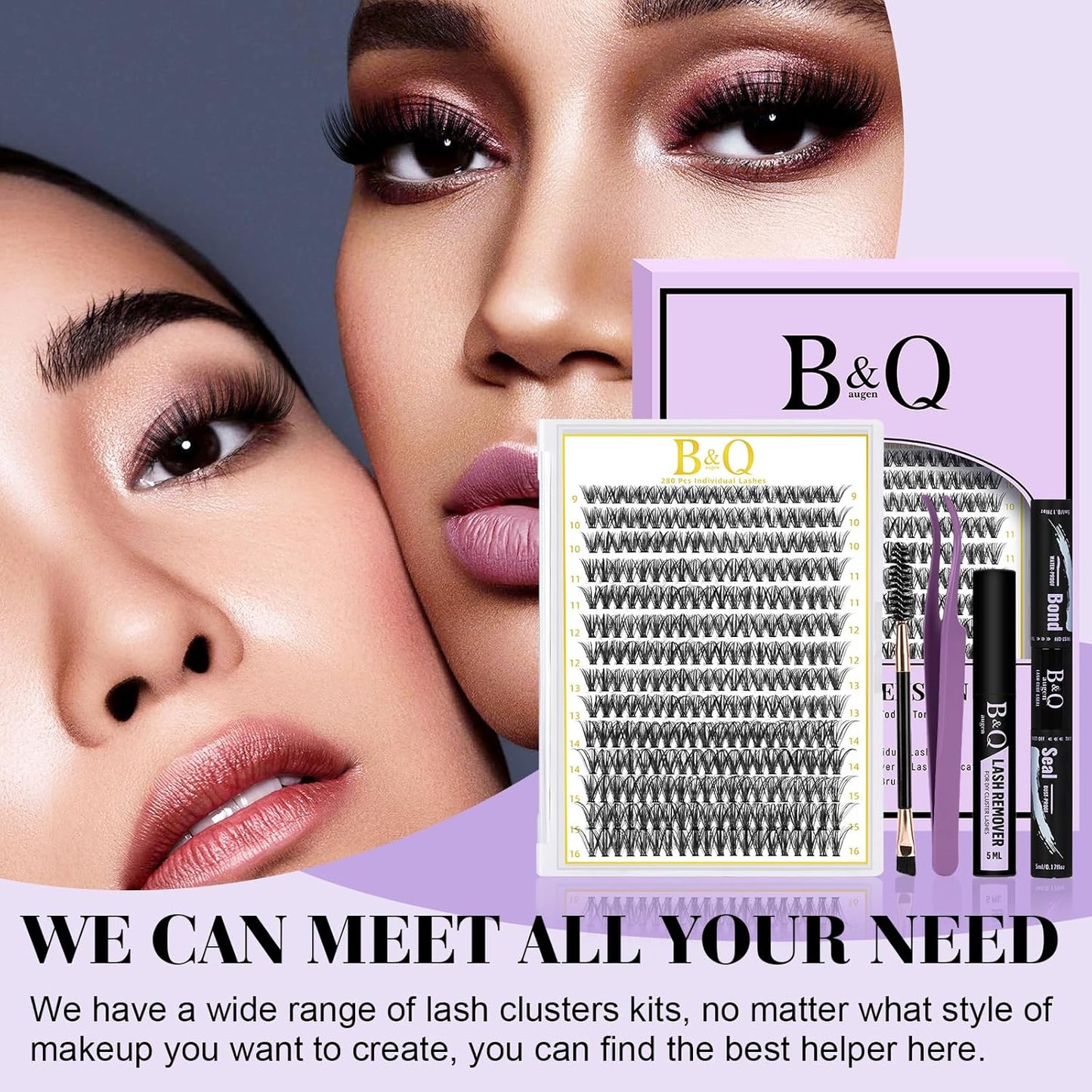 B&Q Lash Clusters Kit 280PCS Eyelash Clusters Kit,40D D 9-16MIX Individual Lash Comfortable Eyelash Extension Set, Classic Look with Bond and Seal Waterproof, Remover DIY at Home(Set,40D)