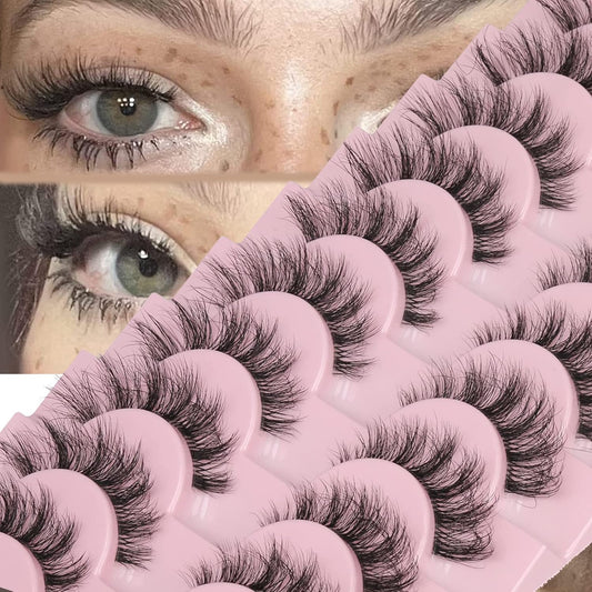 FANXITON Mink Lashes with Clear Band 15 MM 10 Pairs Cat-Eye Lashes Natural Look False Eyelashes Pack Wispy Eyelashes 3D Faux Mink Eyelashes