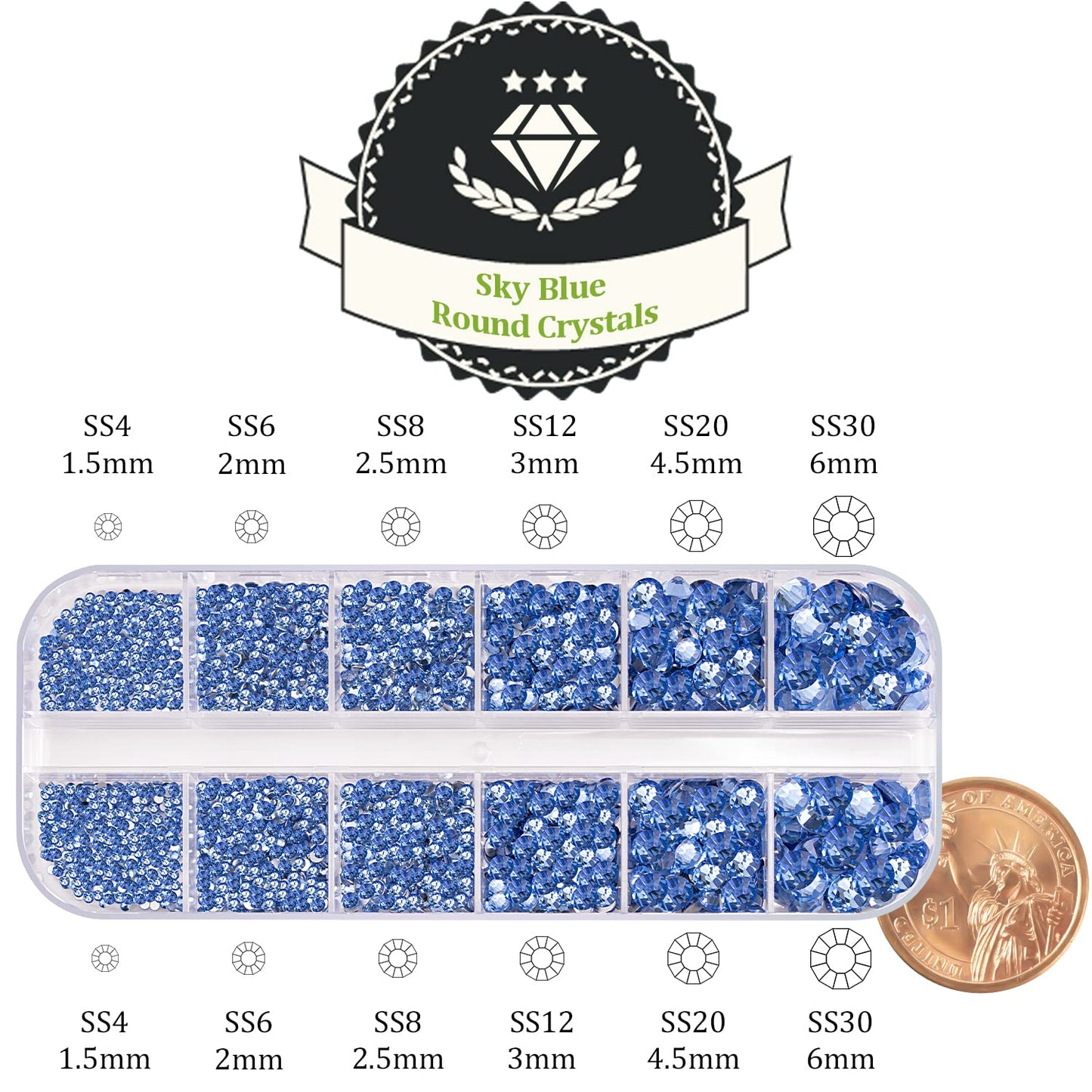 One Pack 2000 Pcs of Flatback Round Sky Blue Rhinestones 6 Sizes (1.5-6 mm) with Nail Art Rhinestone Picker Pencil and Tweezer for DIY and Salon Use