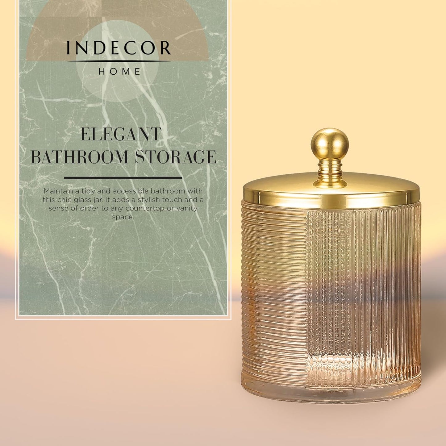 Glass Jar with Metal Lid for Bathroom Organization, Clear Apothecary Jar for Cotton Balls, Q Tips, and Small Accessories, Stylish Bathroom Storage Container Tan, Gold