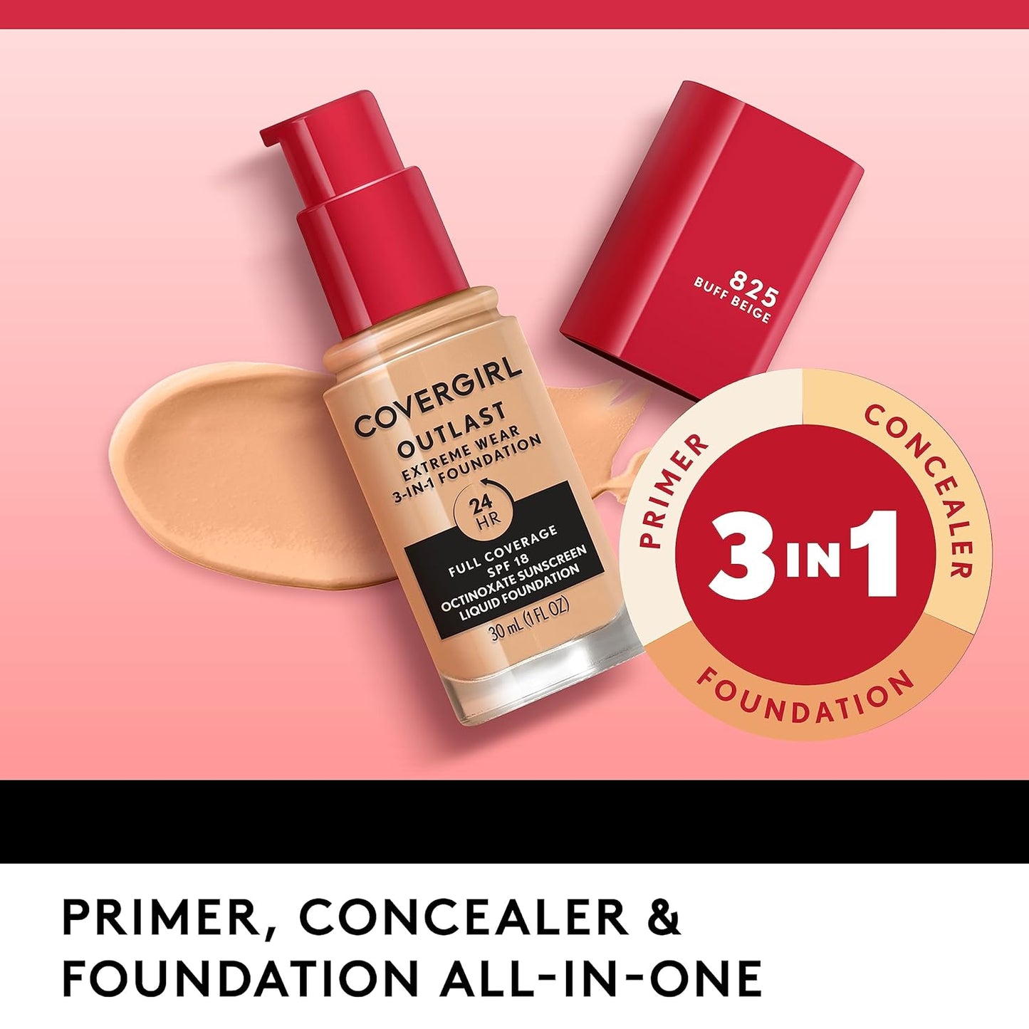 Covergirl Outlast Extreme Wear 3-in-1 Full Coverage Liquid Foundation, SPF 18 Sunscreen, Toasted Almond, 1 Fl. Oz. (Pack of 2)