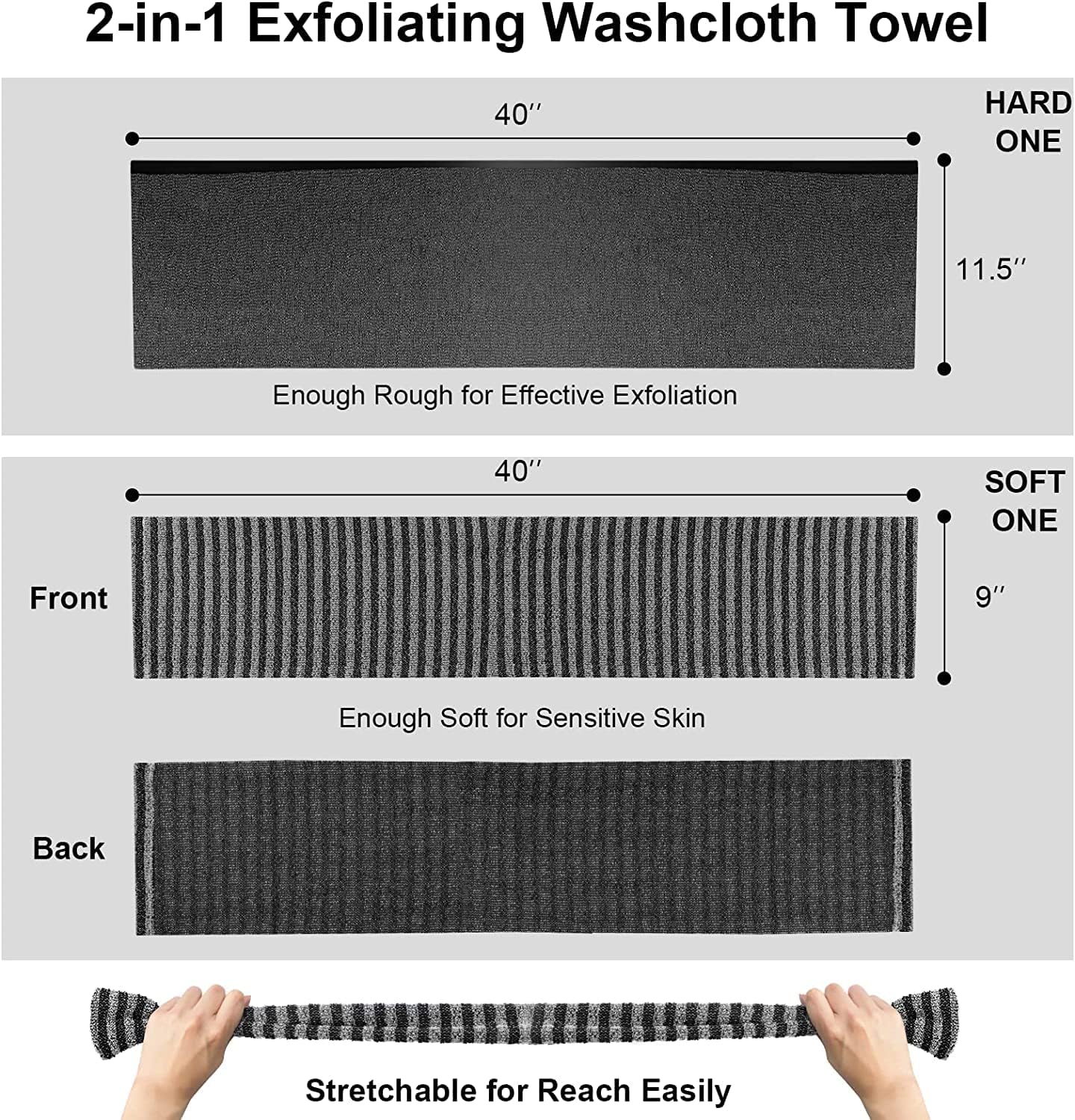 Yiclick Exfoliating Body Scrubber, Back Scrubber for Shower Bath, Japanese Scrub Wash Cloth, Exfoliating Washcloth Towel for Men Women, Body Exfoliator Loofah Luffa Sponge Net Rag Back Washer (Black)
