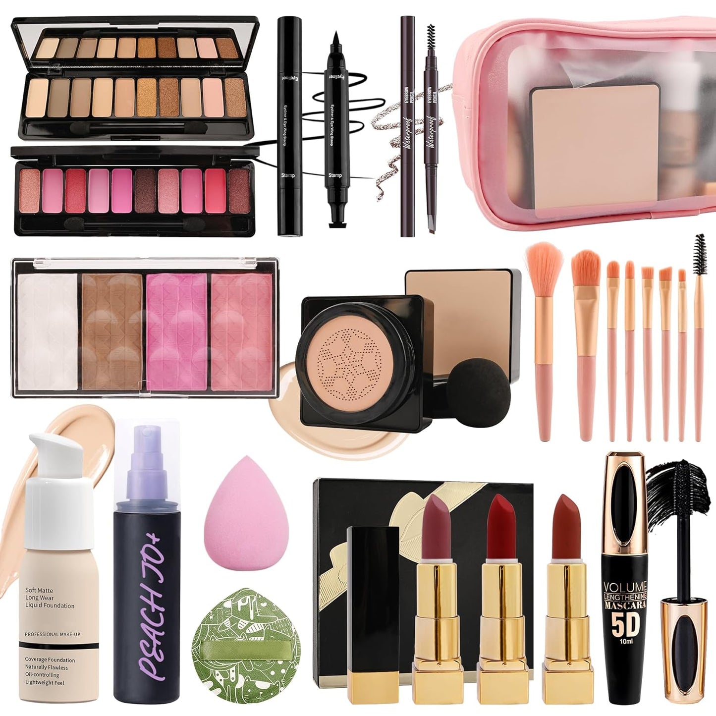 All In One Multipurpose Makeup Kit for Women,Travel Makeup Sets,Makeup Gift Full Kit,Includes Foundation Eyeshadow Palette Lipstick Mascara Eyeliner Blusher Cosmetic Brush Set with Makeup Bag-Set A