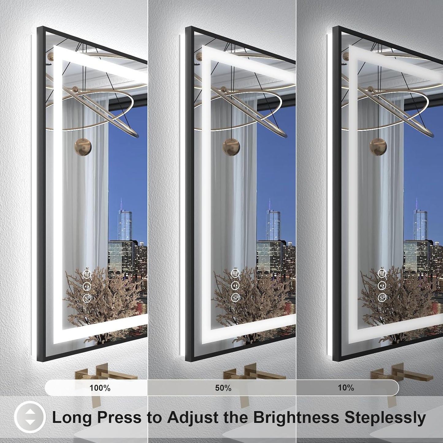 OKPAL 68x40 Black LED Bathroom Mirror with Lights, Frontlit & Backlit LED Mirror for Bathroom, Lighted Bathroom Vanity Mirror, Anti-Fog, Dimmable 3 Colors, Shatterproof, Horizontal/Vertical